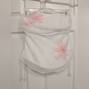 David's Bridal White Strapless Overlay Top with Pink Floral Beading